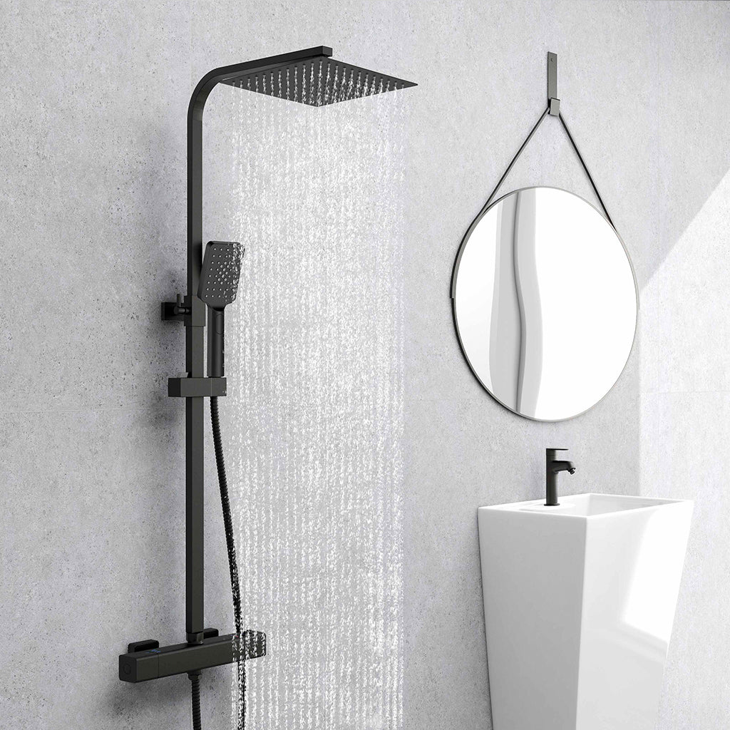 Colonna doccia idromassaggio AICA ITALY con rubinetto termostatico, soffione doccia a pioggia 25x25cm in acciaio inox, nero opaco