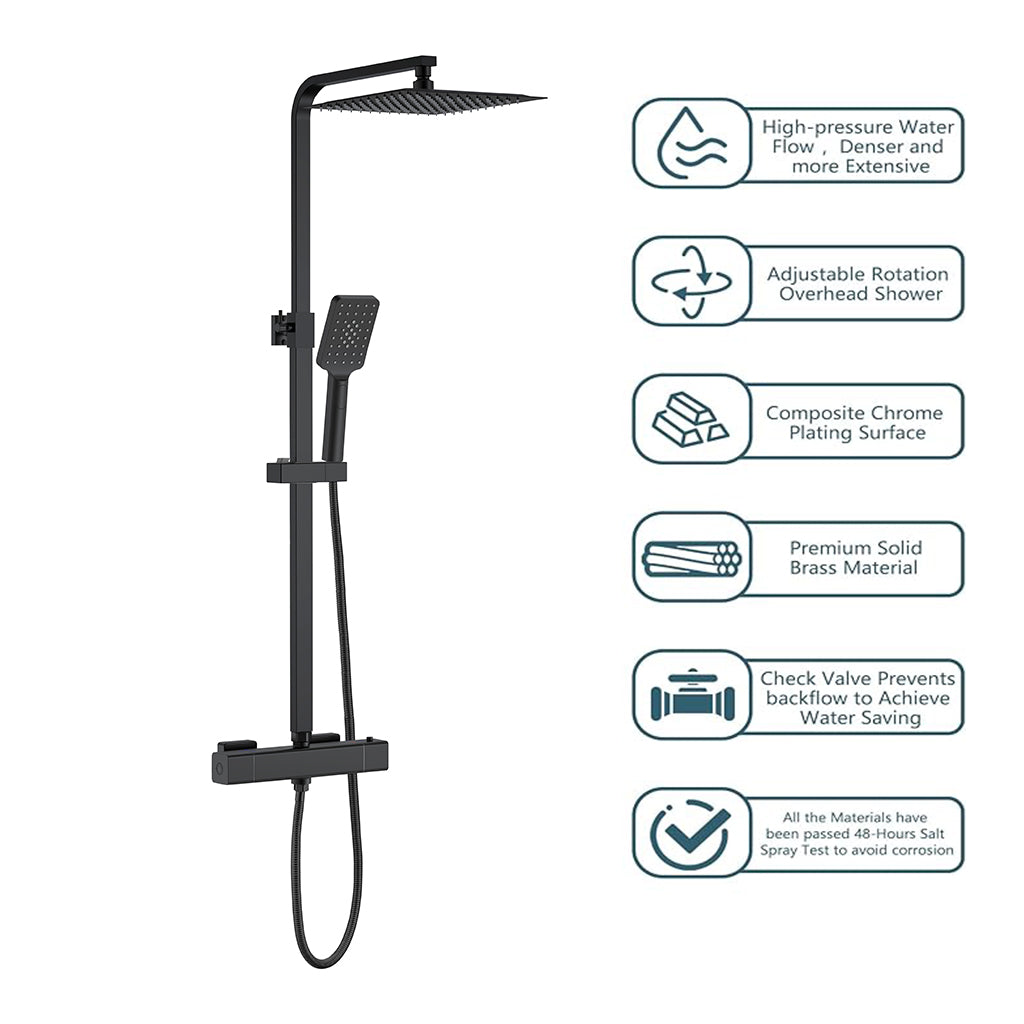 Colonna doccia idromassaggio AICA ITALY con rubinetto termostatico, soffione doccia a pioggia 25x25cm in acciaio inox, nero opaco