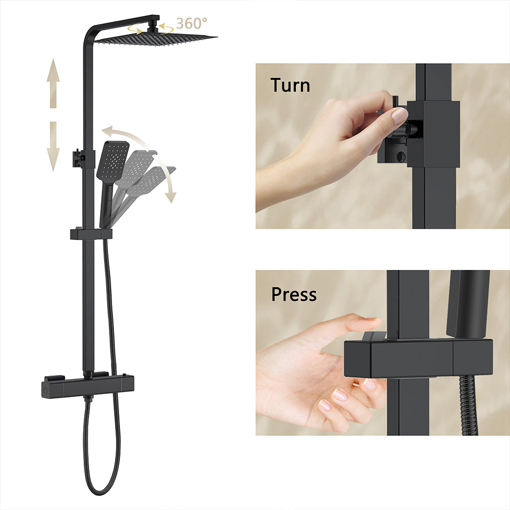 Colonna doccia con rubinetteria rettangolare 290x45mm, walkin doccia soffione a pioggia 25x25cm nero