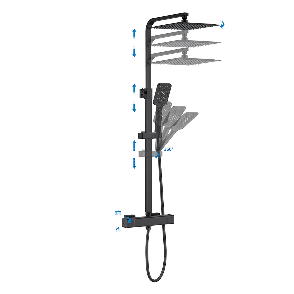 Colonna doccia idromassaggio AICA ITALY con rubinetto termostatico, soffione doccia a pioggia 25x25cm in acciaio inox, nero opaco