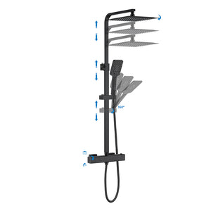 AICAIT Colonna doccia Termostatica, set doccia multifunzione con soffione quadrato 25x25cm e doccetta a 3 getti, nero