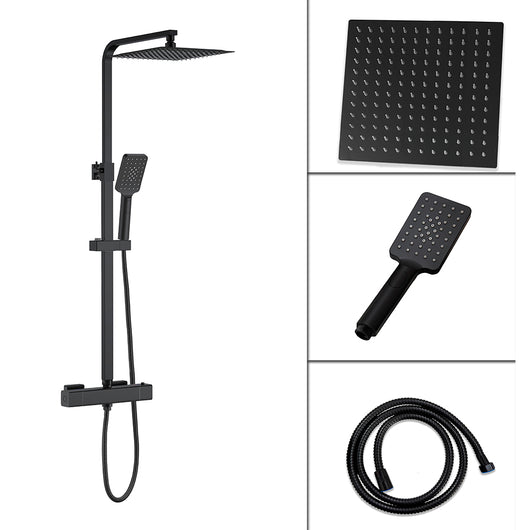 AICAIT Colonna doccia quadrata con soffione quadrato 25x25cm in acciaio inox nero, sistema doccia a 38℃ antiscottature