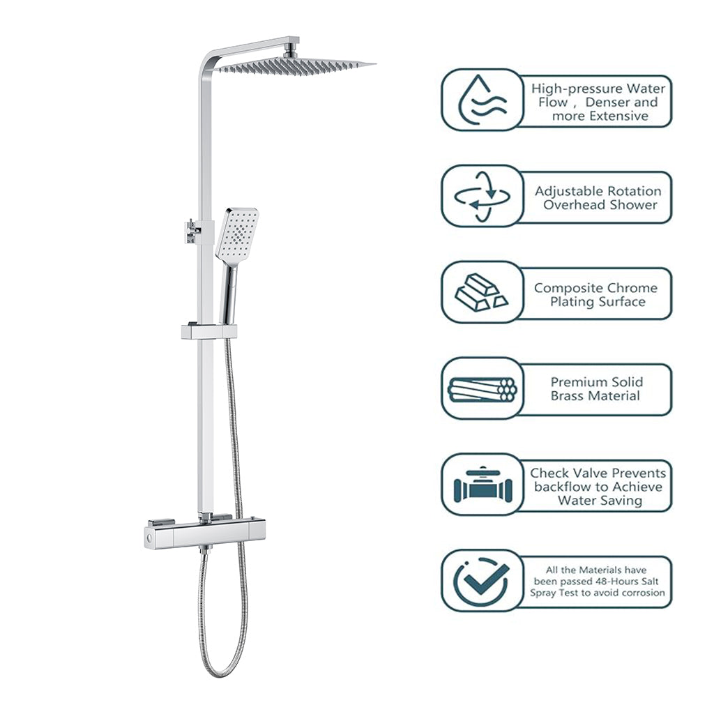 AICA Colonna doccia con miscelatore termostatico, rubinetto doccia 29x4.5cm, soffione doccia quadrato 25x25cm in acciaio inox cromato