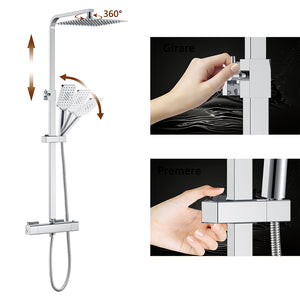 Colonna doccia idromassaggio AICA ITALY con rubinetto termostatico, soffione doccia a pioggia 25x25cm in acciaio inox, cromato lucido