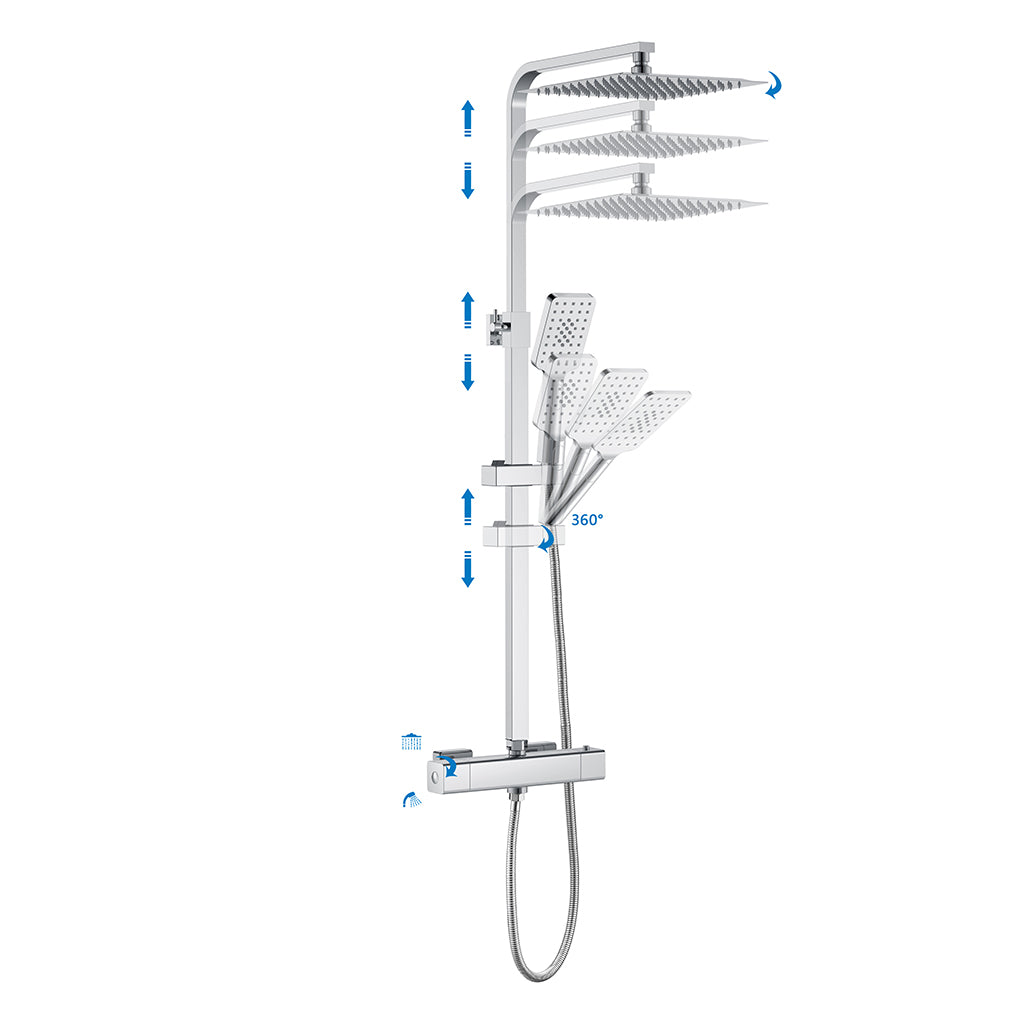 AICA Colonna doccia con miscelatore termostatico, rubinetto doccia 29x4.5cm, soffione doccia quadrato 25x25cm in acciaio inox cromato
