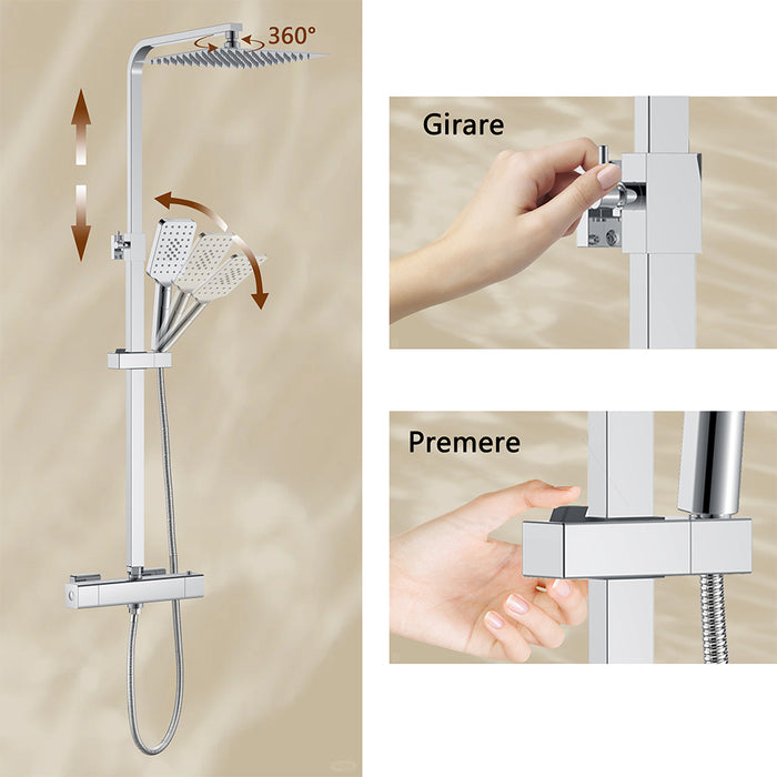Colonne doccia AICA ITALY, Miscelatore termostatico doccia con soffione quadrato 25x25cm in acciaio inox cromato lucido