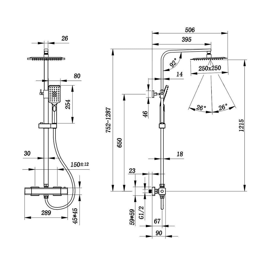 AICA Colonna doccia con miscelatore termostatico, rubinetto doccia 29x4.5cm, soffione doccia quadrato 25x25cm in acciaio inox cromato