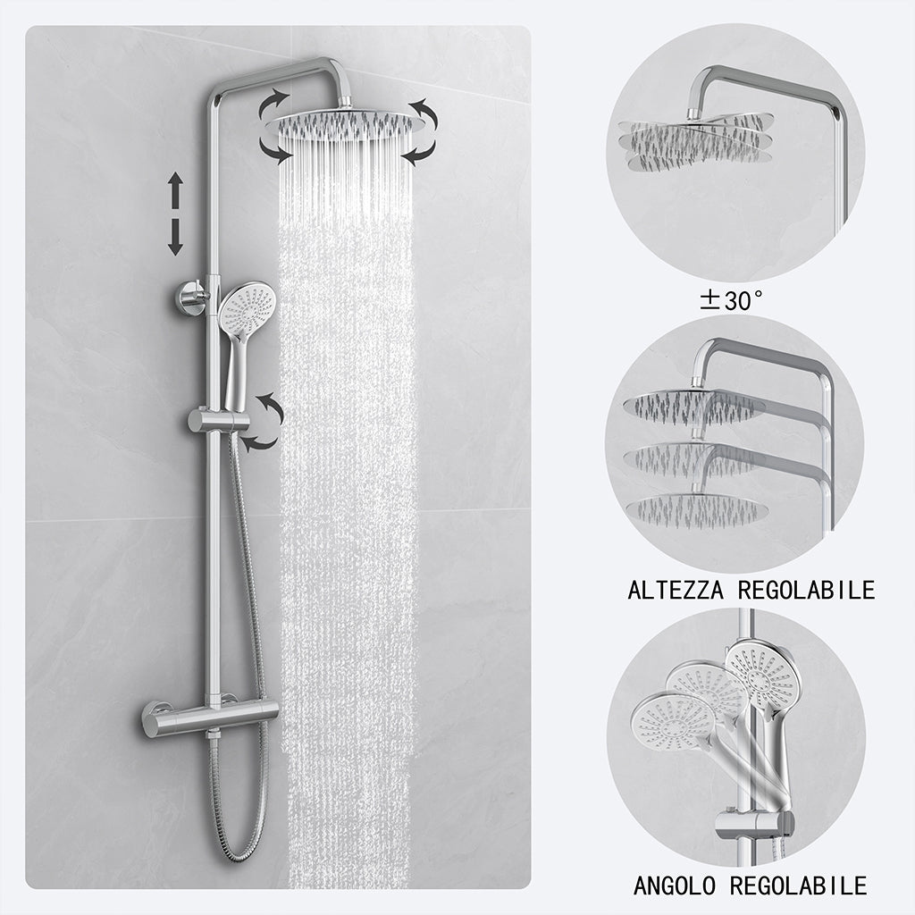 Kit doccia con miscelatore termostatico, soffione rotondo da 25cm, doccetta tonda 23x10.8cm, colonna doccia regolabile 75-125cm, cromo