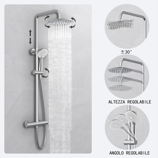 Kit doccia con miscelatore termostatico, soffione rotondo da 25cm, doccetta tonda 23x10.8cm, colonna doccia regolabile 75-125cm, cromo
