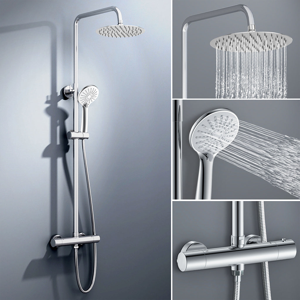 colonna doccia rotonda completo di miscelatore termostatico cilindro, soffione rotondo 25x25cm, cromo