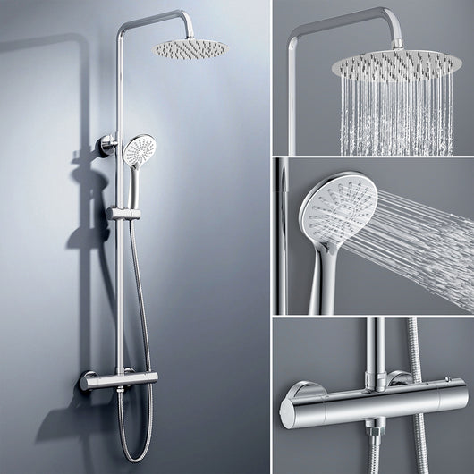 colonna doccia rotonda completo di miscelatore termostatico cilindro, soffione rotondo 25x25cm, cromo