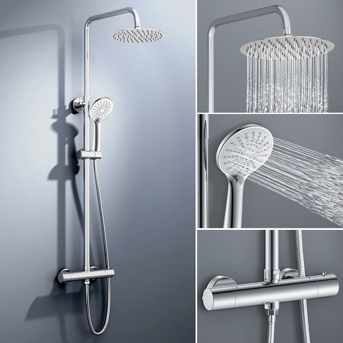 colonna doccia rotonda completo di miscelatore termostatico cilindro, soffione rotondo 25x25cm, cromo