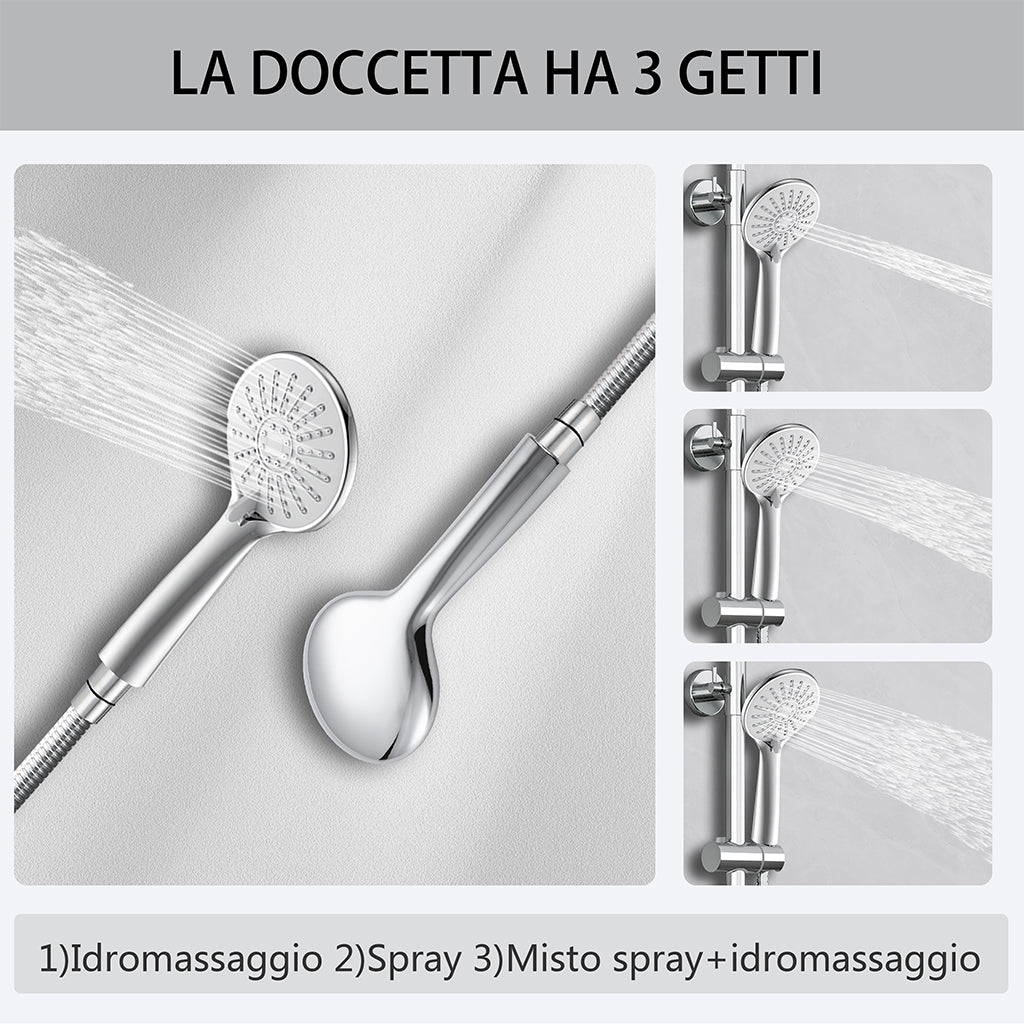 Kit doccia con miscelatore termostatico, soffione rotondo da 25cm, doccetta tonda 23x10.8cm, colonna doccia regolabile 75-125cm, cromo