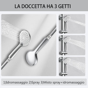 Kit doccia con miscelatore termostatico, soffione rotondo da 25cm, doccetta tonda 23x10.8cm, colonna doccia regolabile 75-125cm, cromo