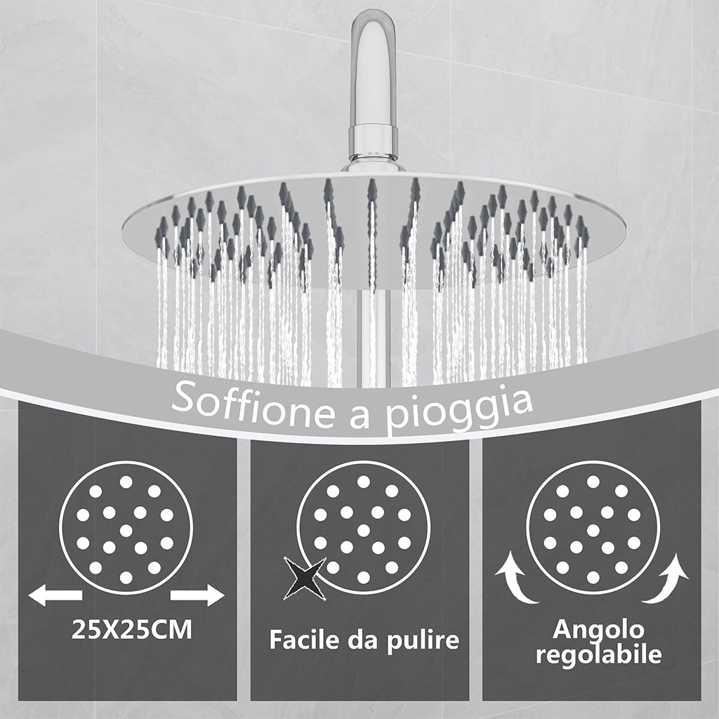 Kit doccia con miscelatore termostatico, soffione rotondo da 25cm, doccetta tonda 23x10.8cm, colonna doccia regolabile 75-125cm, cromo