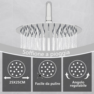Kit doccia con miscelatore termostatico, soffione rotondo da 25cm, doccetta tonda 23x10.8cm, colonna doccia regolabile 75-125cm, cromo