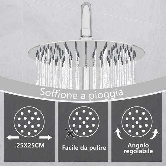 Kit doccia con miscelatore termostatico, soffione rotondo da 25cm, doccetta tonda 23x10.8cm, colonna doccia regolabile 75-125cm, cromo