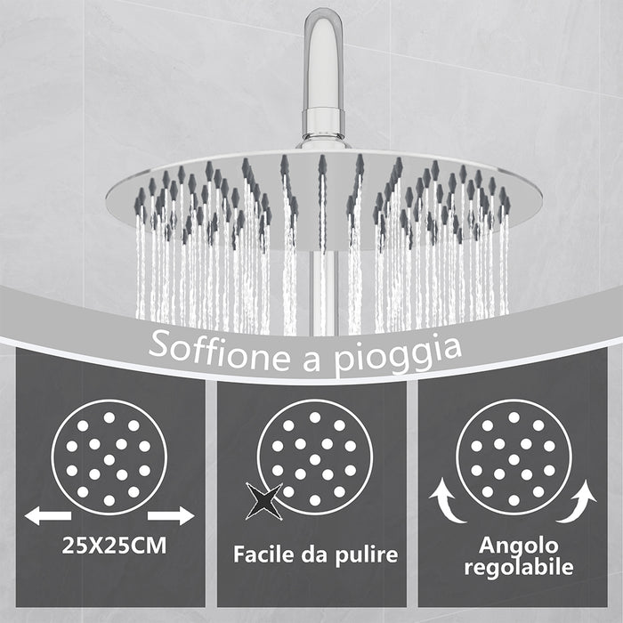 Kit doccia con miscelatore termostatico, soffione rotondo da 25cm, doccetta tonda 23x10.8cm, colonna doccia regolabile 75-125cm, cromo