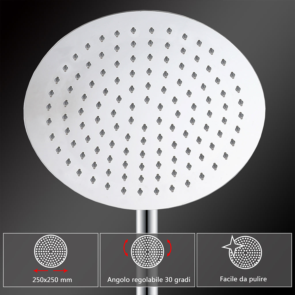 Colonne doccia cromo, soffione doccia rotondo da 25cm acciaio inox, miscelatore termostatico doccia tondo antiscottature