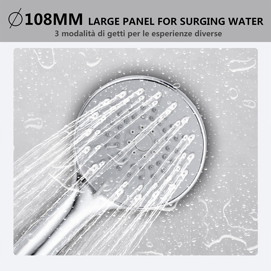 Kit doccia con miscelatore termostatico, soffione rotondo da 25cm, doccetta tonda 23x10.8cm, colonna doccia regolabile 75-125cm, cromo