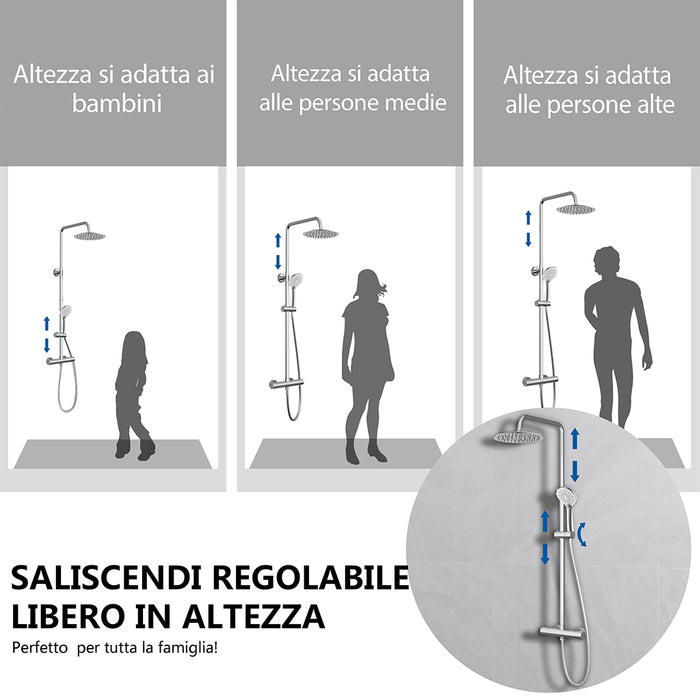Kit doccia con miscelatore termostatico, soffione rotondo da 25cm, doccetta tonda 23x10.8cm, colonna doccia regolabile 75-125cm, cromo