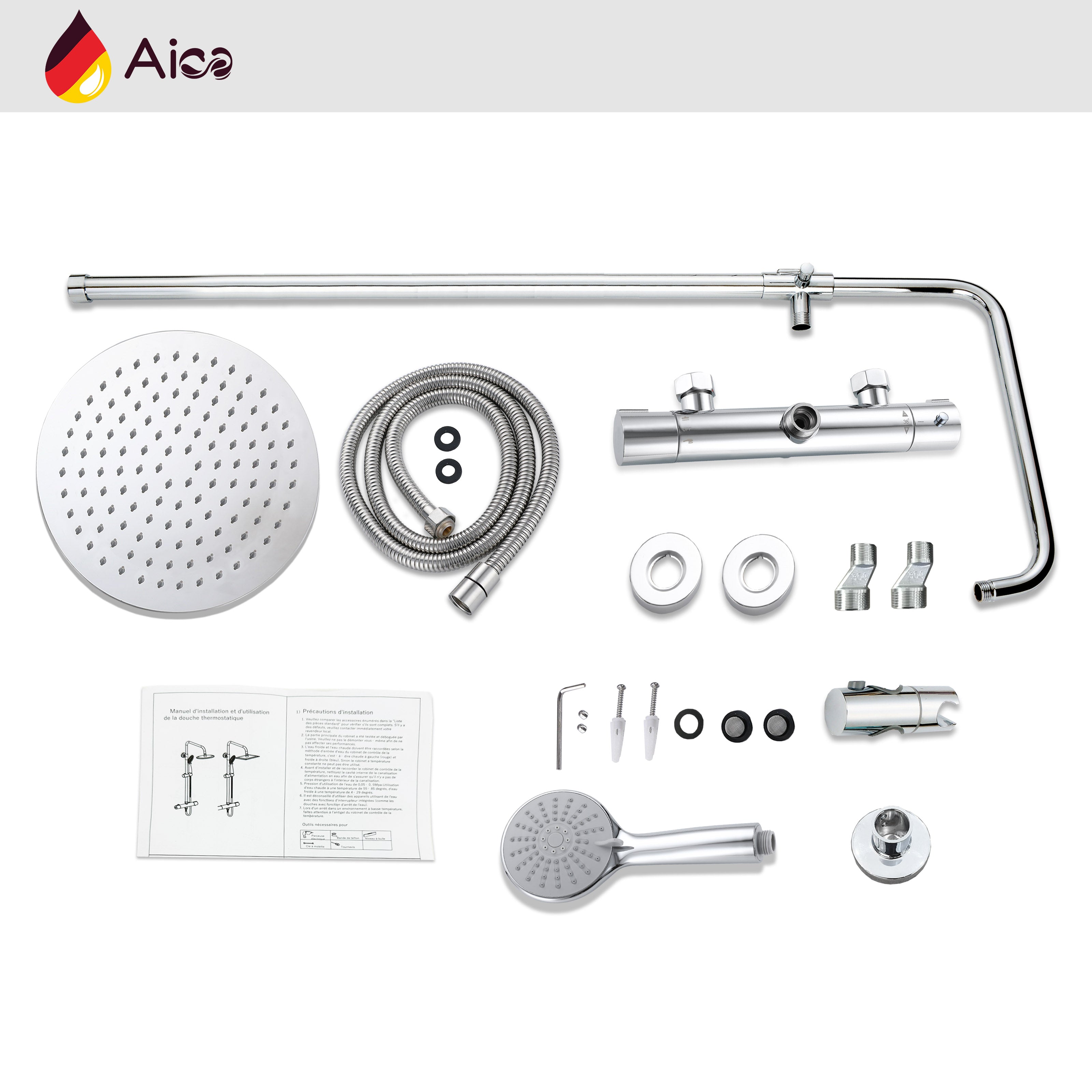 Grande soffione doccia inox 25x25cm, miscelatore termostatico doccia rotondo 280x40mm, cromo