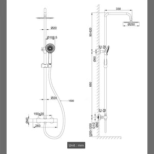 Kit doccia con miscelatore termostatico, soffione rotondo da 25cm, doccetta tonda 23x10.8cm, colonna doccia regolabile 75-125cm, cromo