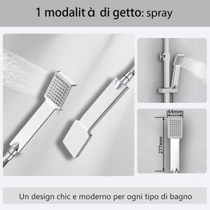 Kit doccia con miscelatore termostatico, soffione quadrato 25x25cm, doccetta quadrata 22x6.4cm, colonna doccia regolabile 73-115cm, cromo