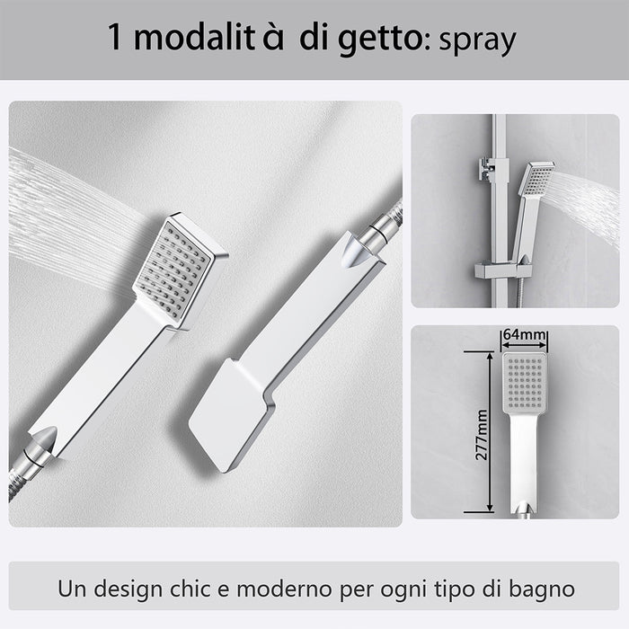 Kit doccia con miscelatore termostatico, soffione quadrato 25x25cm, doccetta quadrata 22x6.4cm, colonna doccia regolabile 73-115cm, cromo