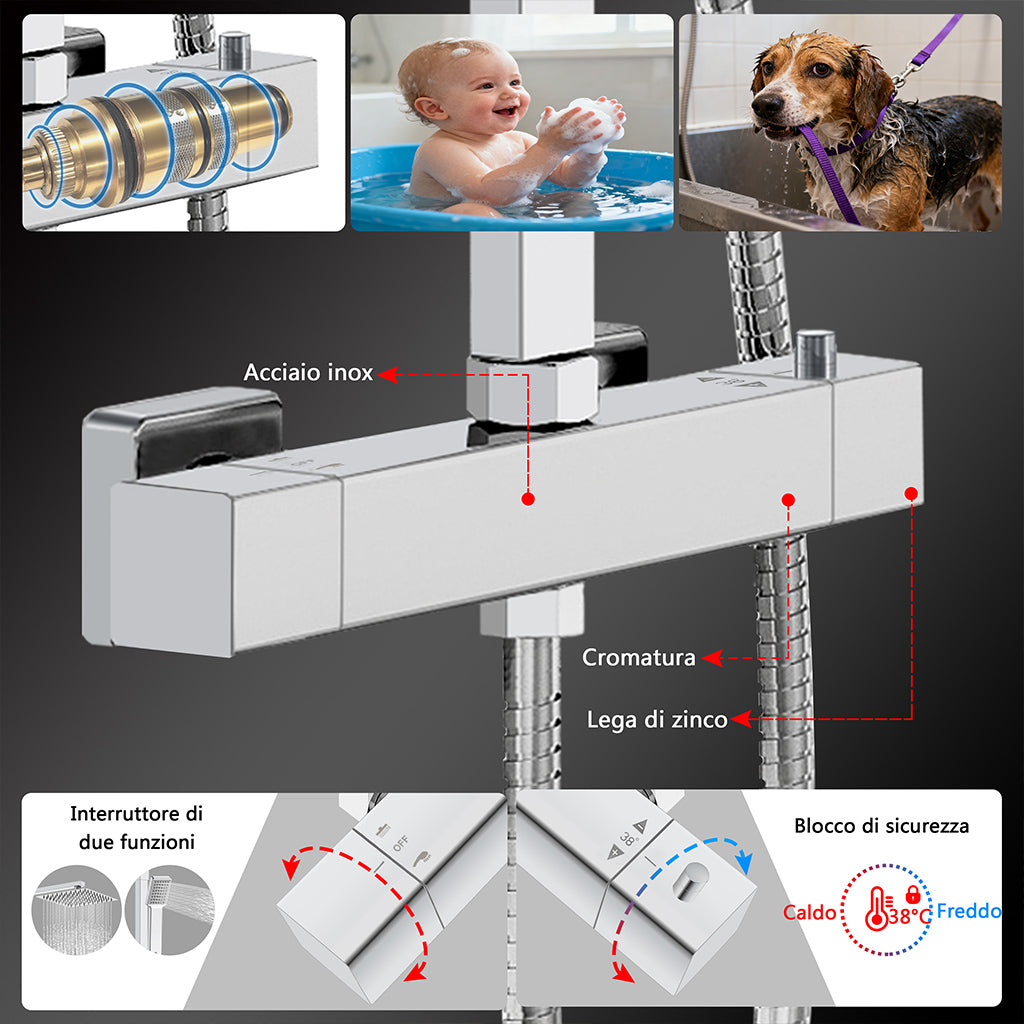Colonne doccia cromo, soffione doccia quadrato 20x20cm acciaio inox, miscelatore termostatico doccia rettangolo antiscottature