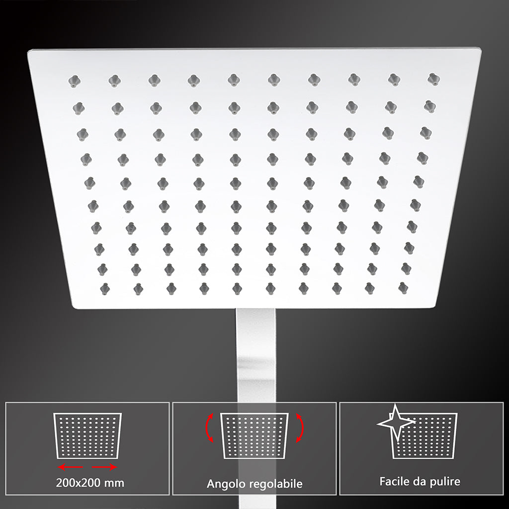 Colonne doccia cromo, soffione doccia quadrato 20x20cm acciaio inox, miscelatore termostatico doccia rettangolo antiscottature