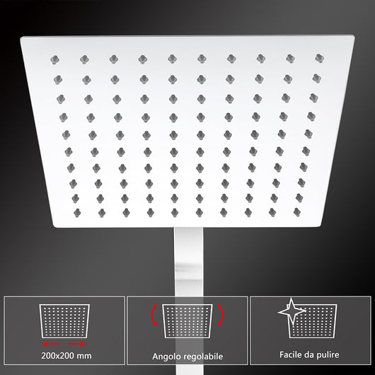 Colonne doccia cromo, soffione doccia quadrato 20x20cm acciaio inox, miscelatore termostatico doccia rettangolo antiscottature
