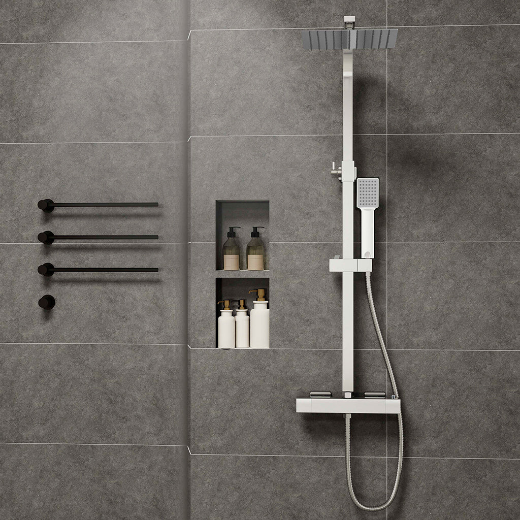 Colonne doccia cromo, soffione doccia quadrato 25x25cm acciaio inox, miscelatore termostatico doccia rettangolo antiscottature