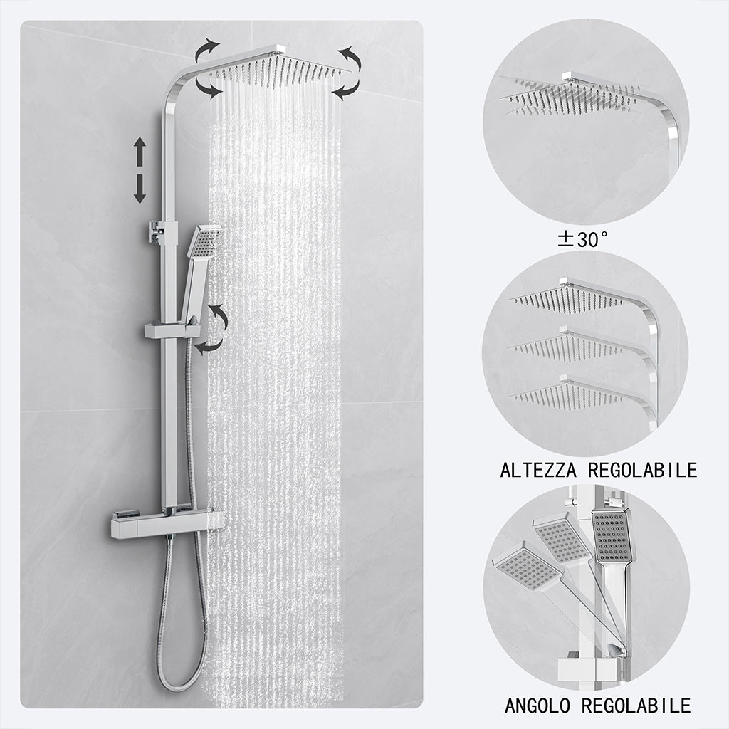 Kit doccia con miscelatore termostatico, soffione quadrato 25x25cm, doccetta quadrata 22x6.4cm, colonna doccia regolabile 73-115cm, cromo