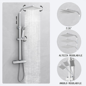 Kit doccia con miscelatore termostatico, soffione quadrato 25x25cm, doccetta quadrata 22x6.4cm, colonna doccia regolabile 73-115cm, cromo