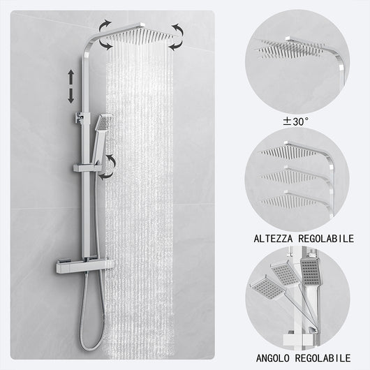 Kit doccia con miscelatore termostatico, soffione quadrato 25x25cm, doccetta quadrata 22x6.4cm, colonna doccia regolabile 73-115cm, cromo