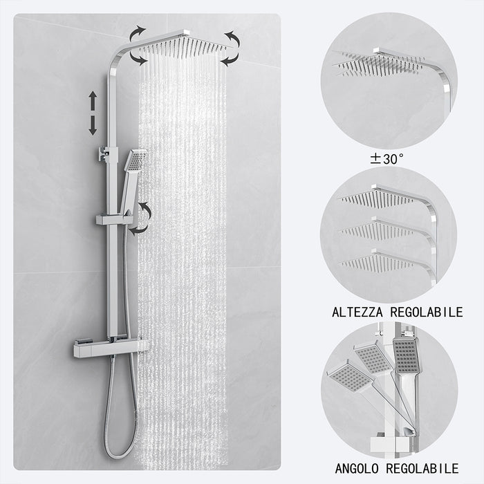 Kit doccia con miscelatore termostatico, soffione quadrato 25x25cm, doccetta quadrata 22x6.4cm, colonna doccia regolabile 73-115cm, cromo