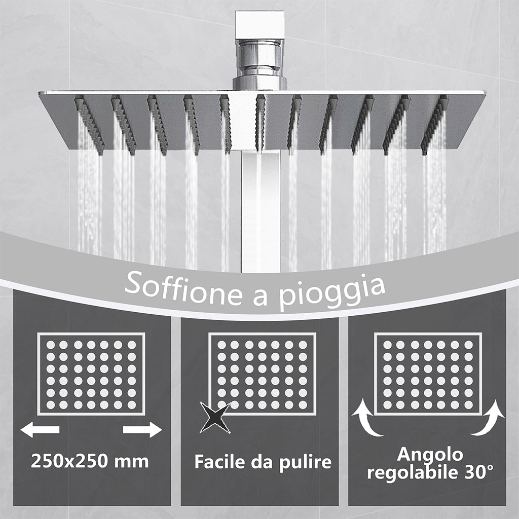 Kit doccia con miscelatore termostatico, soffione quadrato 25x25cm, doccetta quadrata 22x6.4cm, colonna doccia regolabile 73-115cm, cromo