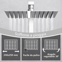Kit doccia con miscelatore termostatico, soffione quadrato 25x25cm, doccetta quadrata 22x6.4cm, colonna doccia regolabile 73-115cm, cromo