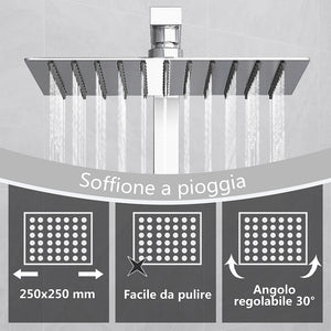Kit doccia con miscelatore termostatico, soffione quadrato 25x25cm, doccetta quadrata 22x6.4cm, colonna doccia regolabile 73-115cm, cromo