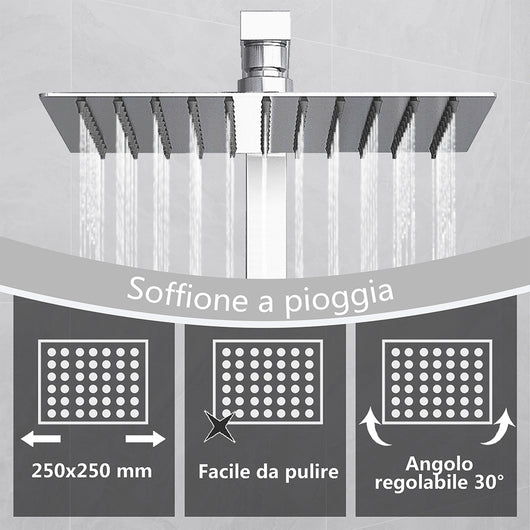 Kit doccia con miscelatore termostatico, soffione quadrato 25x25cm, doccetta quadrata 22x6.4cm, colonna doccia regolabile 73-115cm, cromo