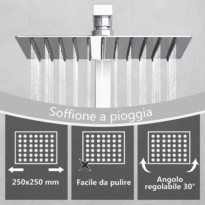 Kit doccia con miscelatore termostatico, soffione quadrato 25x25cm, doccetta quadrata 22x6.4cm, colonna doccia regolabile 73-115cm, cromo