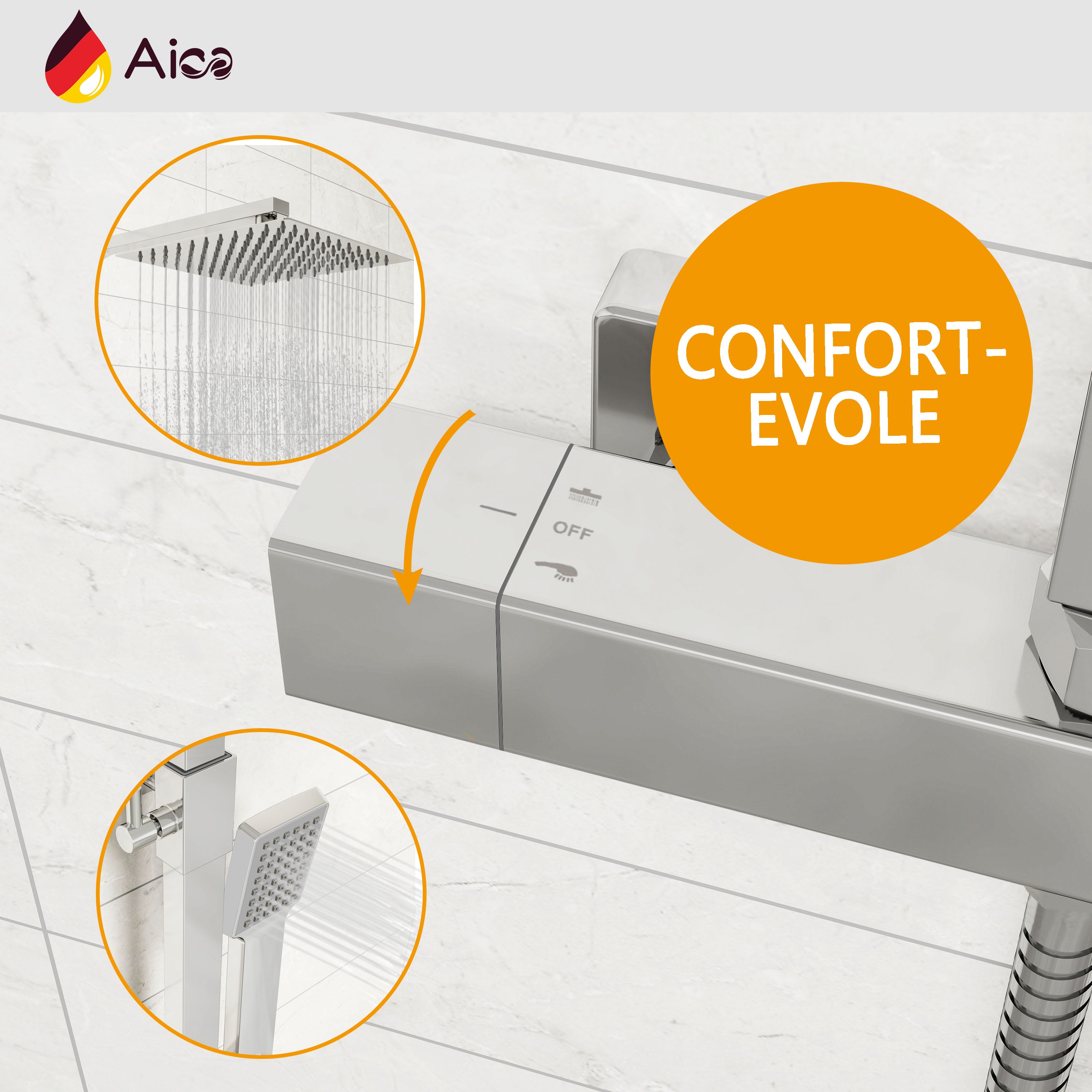 Grande soffione doccia inox 25x25cm, miscelatore termostatico doccia rettangolo 280x40mm, cromo