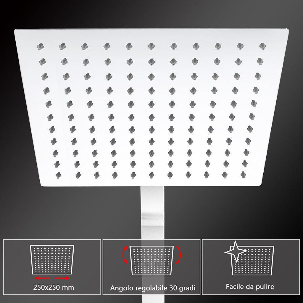 Colonne doccia cromo, soffione doccia quadrato 25x25cm acciaio inox, miscelatore termostatico doccia rettangolo antiscottature