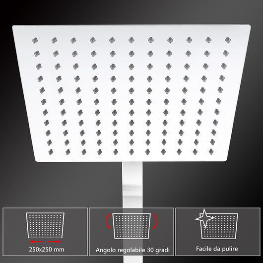 Colonne doccia cromo, soffione doccia quadrato 25x25cm acciaio inox, miscelatore termostatico doccia rettangolo antiscottature