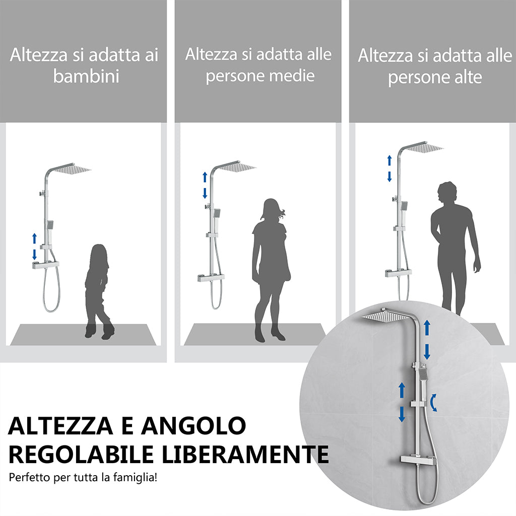 Kit doccia con miscelatore termostatico, soffione quadrato 25x25cm, doccetta quadrata 22x6.4cm, colonna doccia regolabile 73-115cm, cromo