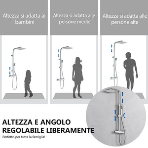 Kit doccia con miscelatore termostatico, soffione quadrato 25x25cm, doccetta quadrata 22x6.4cm, colonna doccia regolabile 73-115cm, cromo