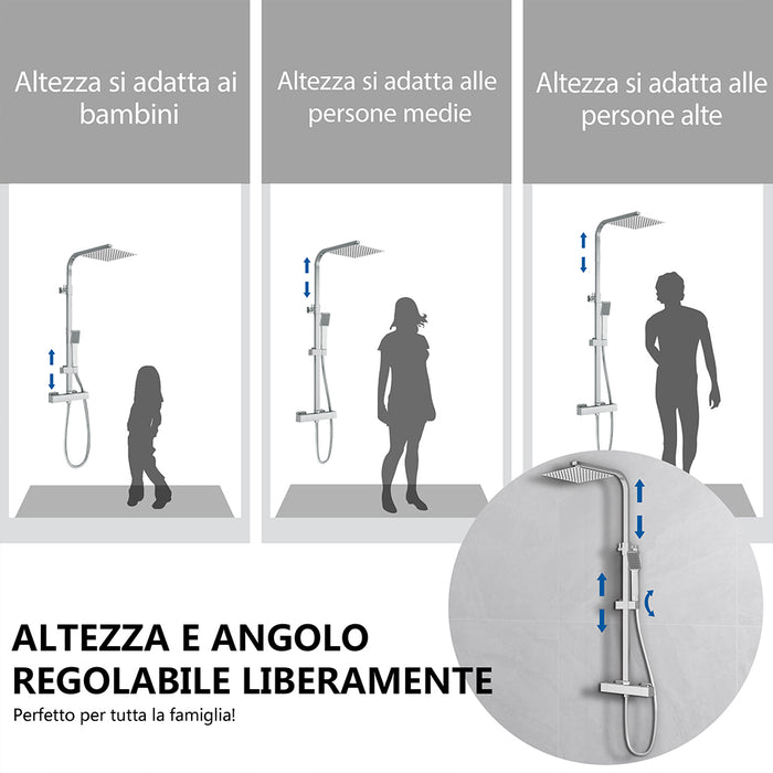 Kit doccia con miscelatore termostatico, soffione quadrato 25x25cm, doccetta quadrata 22x6.4cm, colonna doccia regolabile 73-115cm, cromo