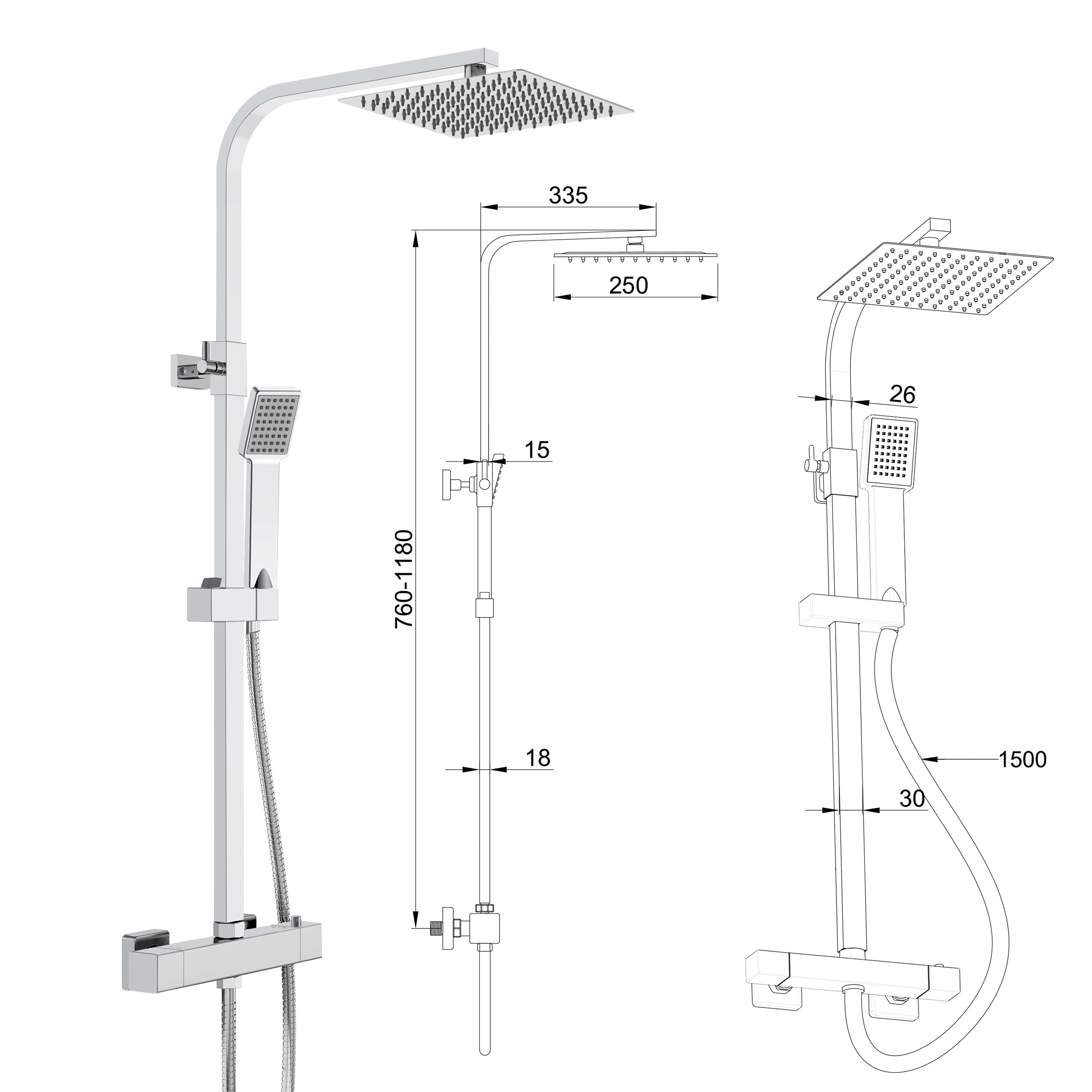 Grande soffione doccia inox 25x25cm, miscelatore termostatico doccia rettangolo 280x40mm, cromo