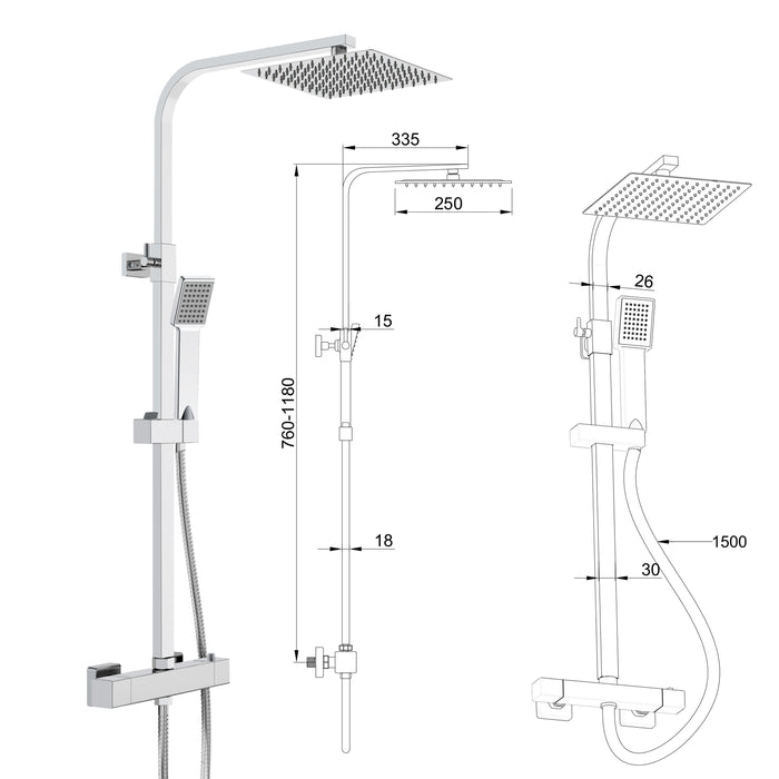 Grande soffione doccia inox 25x25cm, miscelatore termostatico doccia rettangolo 280x40mm, cromo